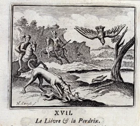 La liebre y la perdiz. Fábulas de Jean de La Fontaine (1621-95). Ilustración de François Chauveau (1613-1676). Edición de 1728