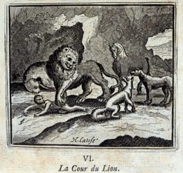 La corte del león. Fábulas de Jean de La Fontaine (1621-95). Ilustración de François Chauveau (1613-1676). Edición de 1728