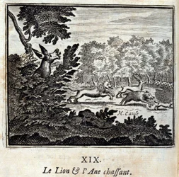 El león y el burro cazando. Fábulas de Jean de La Fontaine (1621-95). Ilustración de François Chauveau (1613-1676). Edición de 1728