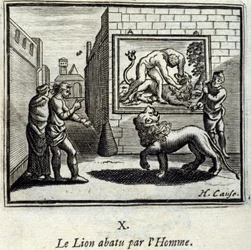 El león abatido por el hombre. Fábulas de Jean de La Fontaine (1621-95). Ilustración de François Chauveau (1613-1676). Edición de 1728