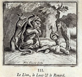 El león, el lobo y el zorro. Fábulas de Jean de La Fontaine. Ilustración de François Chauveau. Edición de 1728.