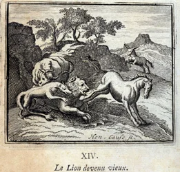 El león envejecido. Fábulas de Jean de La Fontaine (1621-95). Ilustración de François Chauveau (1613-1676). Edición de 1728.