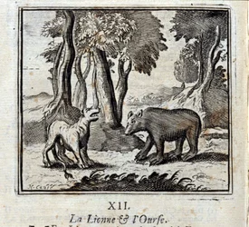 La leona y el oso. Fábulas de Jean de La Fontaine. Ilustración de François Chauveau. Edición de 1728.