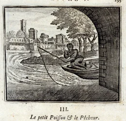 El pez pequeño y el pescador. Fábulas de Jean de La Fontaine (1621-95). Ilustración por François Chauveau (1613-1676). Edición de 1728.