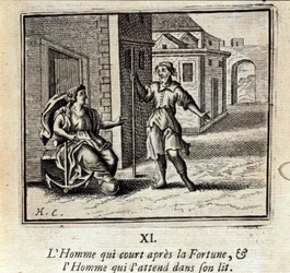 El hombre que corre tras la fortuna y el hombre que lo espera en la cama. Fábulas de Jean de La Fontaine (1621-95). Ilustración de François Chauveau (1613-1676). Edición de 1728