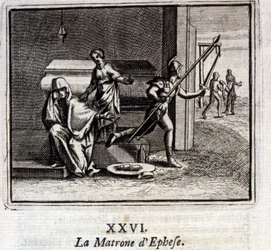 La matrona de Éfeso. Fábulas de Jean de La Fontaine (1621-95). Ilustración de François Chauveau (1613-1676). Edición de 1728