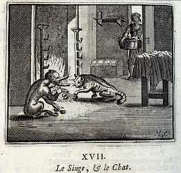 El mono y el gato. Fábulas de Jean de La Fontaine. Ilustración de François Chauveau. Edición de 1728.