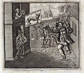 El mono y el leopardo. Fábulas de Jean de La Fontaine. Ilustración de François Chauveau. Edición de 1728.
