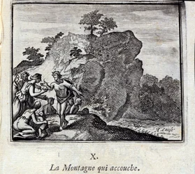 La montaña pariendo. Fábulas de Jean de La Fontaine (1621-95). Ilustración de François Chauveau (1613-1676). Edición de 1728.