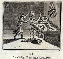 La anciana y los dos sirvientes. Fábulas de Jean de La Fontaine (1621-95). Ilustración por François Chauveau (1613-1676). Edición de 1728.