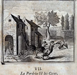La perdiz y los gallos. Fábulas de Jean de La Fontaine (1621-95). Ilustración de François Chauveau (1613-1676). Edición de 1728.