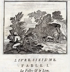 El patra y el león. Fábulas de Jean de La Fontaine (1621-95). Ilustración por François Chauveau (1613-1676). Edición de 1728.