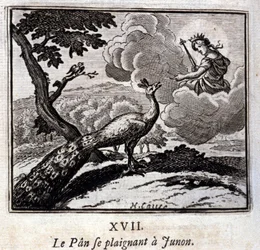 El pavo real que se queja a Juno. Fábulas de Jean de La Fontaine (1621-95). Ilustración de François Chauveau (1613-1676). Edición de 1728.
