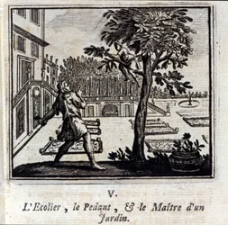 La escuela del pedante y el maestro de un jardín. Fábulas de Jean de La Fontaine. Ilustración de François Chauveau. Edición de 1728.