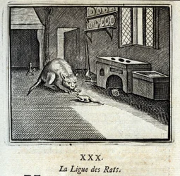 La liga de las ratas. Fábulas de Jean de La Fontaine (1621-95). Ilustración de François Chauveau (1613-1676). Edición de 1728.