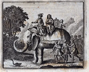 El ratón y el elefante. Fábulas de Jean de La Fontaine. Ilustración de François Chauveau. Edición de 1728.