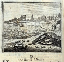 El ratón y el oyer. Fábulas de Jean de La Fontaine. Ilustración de François Chauveau. Edición de 1728.