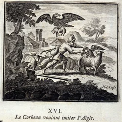 El cuervo queriendo imitar al águila. Fábulas de Jean de La Fontaine (1621-95). Ilustración de François Chauveau (1613-1676). Edición de 1728.