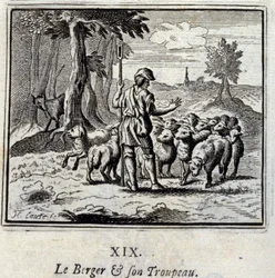 El pastor y su rebaño. Fábulas de Jean de La Fontaine (1621-95). Ilustración de François Chauveau (1613-1676). Edición de 1728.