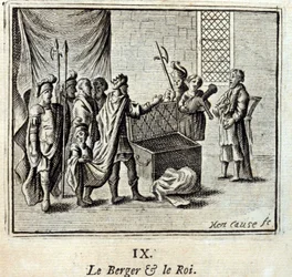 El pastor y el rey. Fábulas de Jean de La Fontaine. Ilustración de François Chauveau. Edición de 1728.