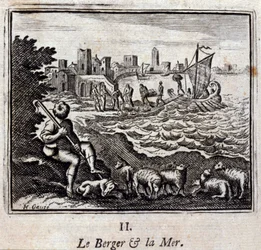 El pastor y el mar. Fábulas de Jean de La Fontaine (1621-95). Ilustración por François Chauveau (1613-1676). Edición de 1728.
