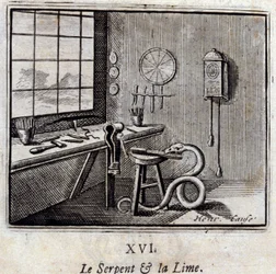 La serpiente y la lima. Fábulas de Jean de La Fontaine (1621-95). Ilustración de François Chauveau (1613-1676). Edición de 1728