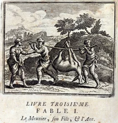 El tonto, su hijo y el burro. Fábulas de Jean de La Fontaine (1621-95). Ilustración de François Chauveau (1613-1676). Edición de 1728.