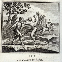 Los ladrones y el burro. Fábulas de Jean de La Fontaine (1621-95). Ilustración de François Chauveau (1613-1676). Edición de 1728.