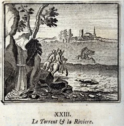El torrente y el río. Fábulas de Jean de La Fontaine. Ilustración de François Chauveau. Edición de 1728.