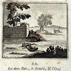 Las dos ratas, el zorro y el huevo. Fábulas de Jean de La Fontaine (1621-95). Ilustración de François Chauveau (1613-1676). Edición de 1728.