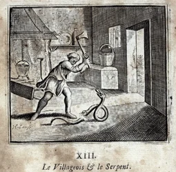 El aldeano y la serpiente. Fábulas de Jean de La Fontaine (1621-95). Ilustración de François Chauveau (1613-1676). Edición de 1728