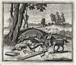 El lobo y el cazador. Fábulas de Jean de La Fontaine (1621-95). Ilustración de François Chauveau (1613-1676). Edición de 1728.