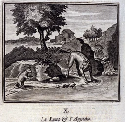 El lobo y el cordero. Fábulas de Jean de La Fontaine (1621-95). Ilustración de François Chauveau (1613-1676). Edición de 1728