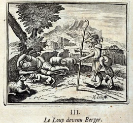 El lobo se convierte en pastor. Fábulas de Jean de La Fontaine (1621-95). Ilustración por François Chauveau (1613-1676). Edición de 1728.