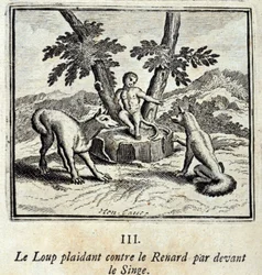 El lobo pleiteando contra el zorro frente al mono. Fábulas de Jean de La Fontaine (1621-95). Ilustración de François Chauveau (1613-1676). Edición de 1728