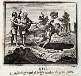 El astrólogo que cae en un pozo. Fábulas de Jean de La Fontaine. Ilustración de François Chauveau. Edición de 1728.