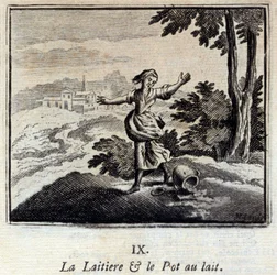 La lechera y el cántaro de leche. Fábulas de Jean de La Fontaine (1621-95). Ilustración de François Chauveau (1613-1676). Edición de 1728