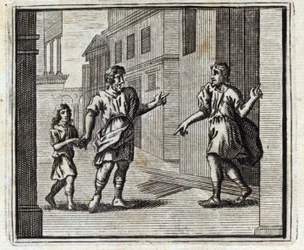 El depositario infiel. Fábulas de Jean de La Fontaine. Ilustración de François Chauveau. Edición de 1728.