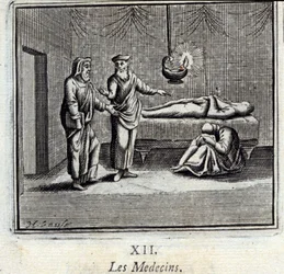Los doctores. Fábulas de Jean de La Fontaine (1621-95). Ilustración por François Chauveau (1613-1676). Edición de 1728.