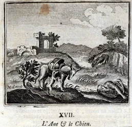 El burro y el perro. Fábulas de Jean de La Fontaine (1621-95). Ilustración de François Chauveau (1613-1676). Edición de 1728.