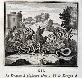 El dragón tiene varias cabezas y el dragón tiene varias colas. Fábulas de Jean de La Fontaine (1621-95). Ilustración de François Chauveau (1613-1676). Edición de 1728.