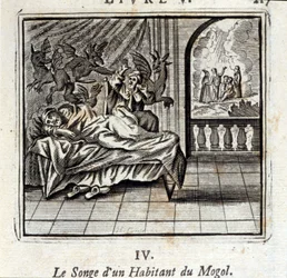 El sueño de un residente mogol. Fábulas de Jean de La Fontaine. Ilustración de François Chauveau. Edición de 1728.