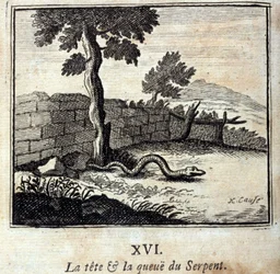 La cabeza y la cola de la serpiente. Fábulas de Jean de La Fontaine (1621-95). Ilustración de François Chauveau (1613-1676). Edición de 1728.