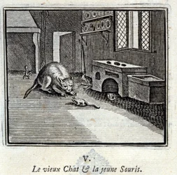 El viejo gato y el joven ratón. Fábulas de Jean de La Fontaine. Ilustración de François Chauveau. Edición de 1728.