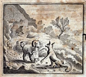 El león enfermo y el zorro. Fábulas de Jean de La Fontaine (1621-95). Ilustración de François Chauveau (1613-1676). Edición de 1728
