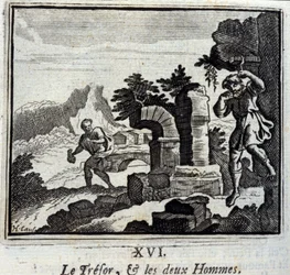 El tesoro y los dos hombres. Fábulas de Jean de La Fontaine (1621-95). Ilustración de François Chauveau (1613-1676). Edición de 1728