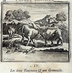 Los dos toros y una rana. Fábulas de Jean de La Fontaine (1621-95). Ilustración de François Chauveau (1613-1676). Edición de 1728.