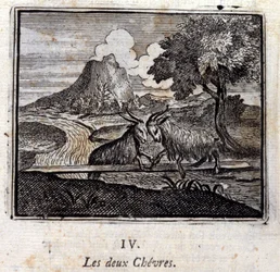 Los dos cabritos. Fábulas de Jean de La Fontaine (1621-95). Ilustración de François Chauveau (1613-1676). Edición de 1728.