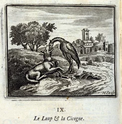 El lobo y la cigüeña. Fábulas de Jean de La Fontaine (1621-95). Ilustración de François Chauveau (1613-1676). Edición de 1728