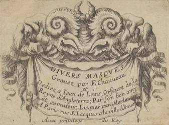 Placa de título con dos cabezas de sátiro, de Divers Masques
